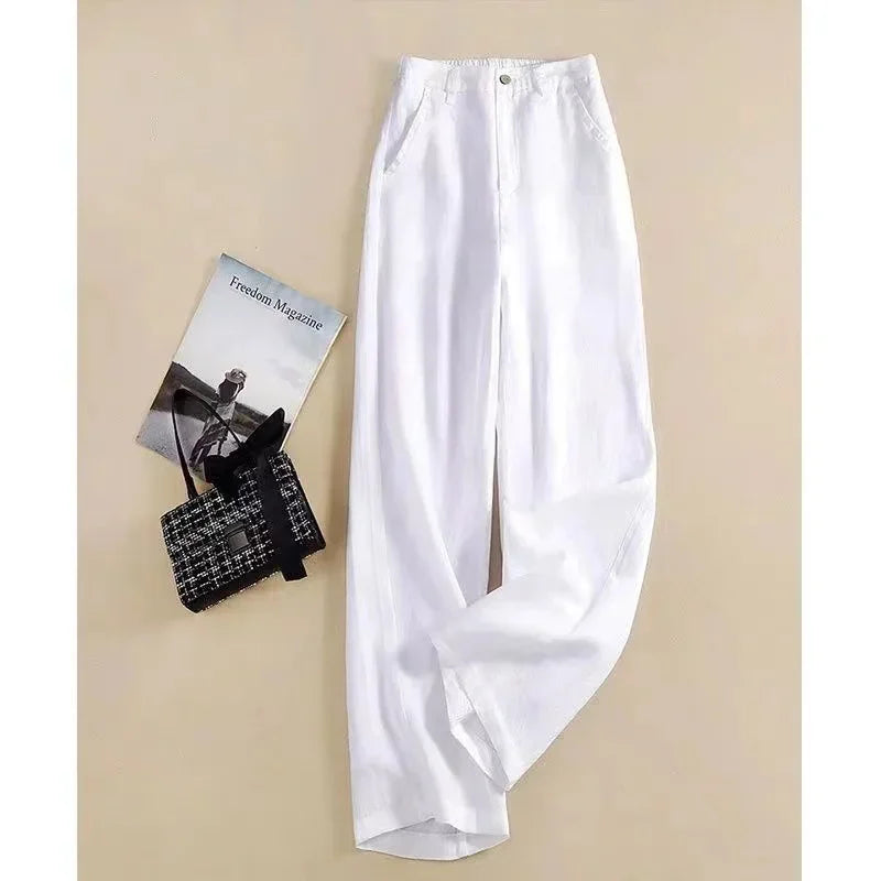 Elegant Women's High Waist Thin Cotton Linen Wide Leg Pants