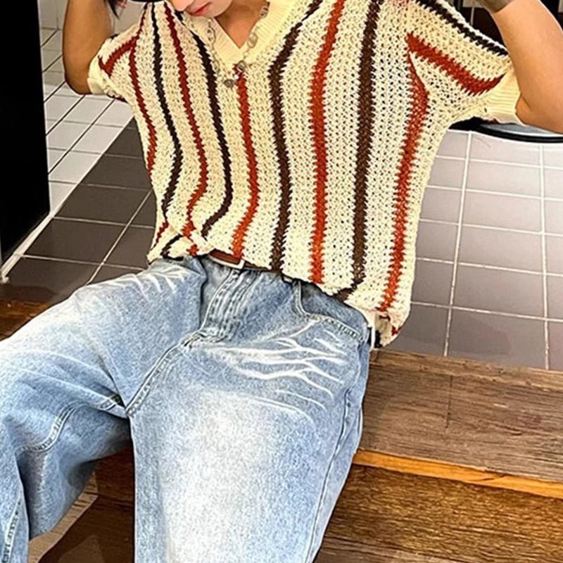 Vintage Men's Stylish Striped Hollow-Out Polo T-Shirt – Classic Men's Polo with Breathable Hollow-Out Design