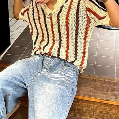 Vintage Men's Stylish Striped Hollow-Out Polo T-Shirt – Classic Men's Polo with Breathable Hollow-Out Design