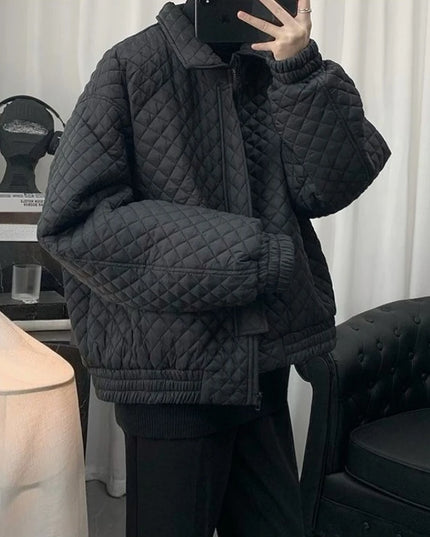 Diamond Grid Men's Cotton-Filled Coat - Loose Fit