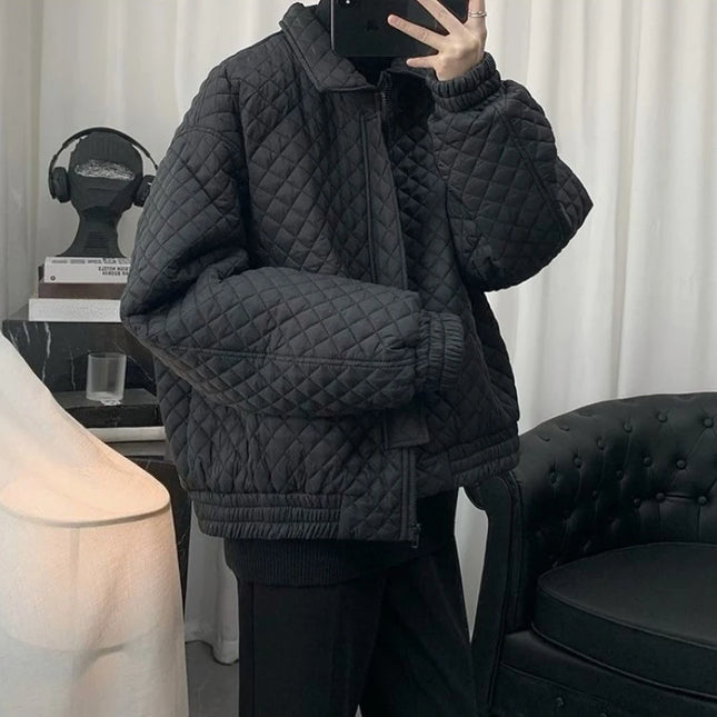 Diamond Grid Men's Cotton-Filled Coat - Loose Fit