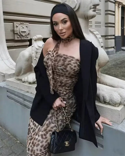 2-Piece Leopard Print Tulle Crop Top Set for Women - Ruched Off-Shoulder Bandeau & Sleeveless Backless Design