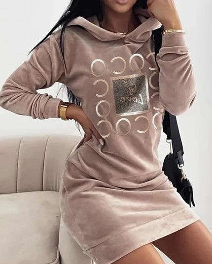 Women’s Long Sweater Dress with LOVE Print, Hooded and Loose Fit