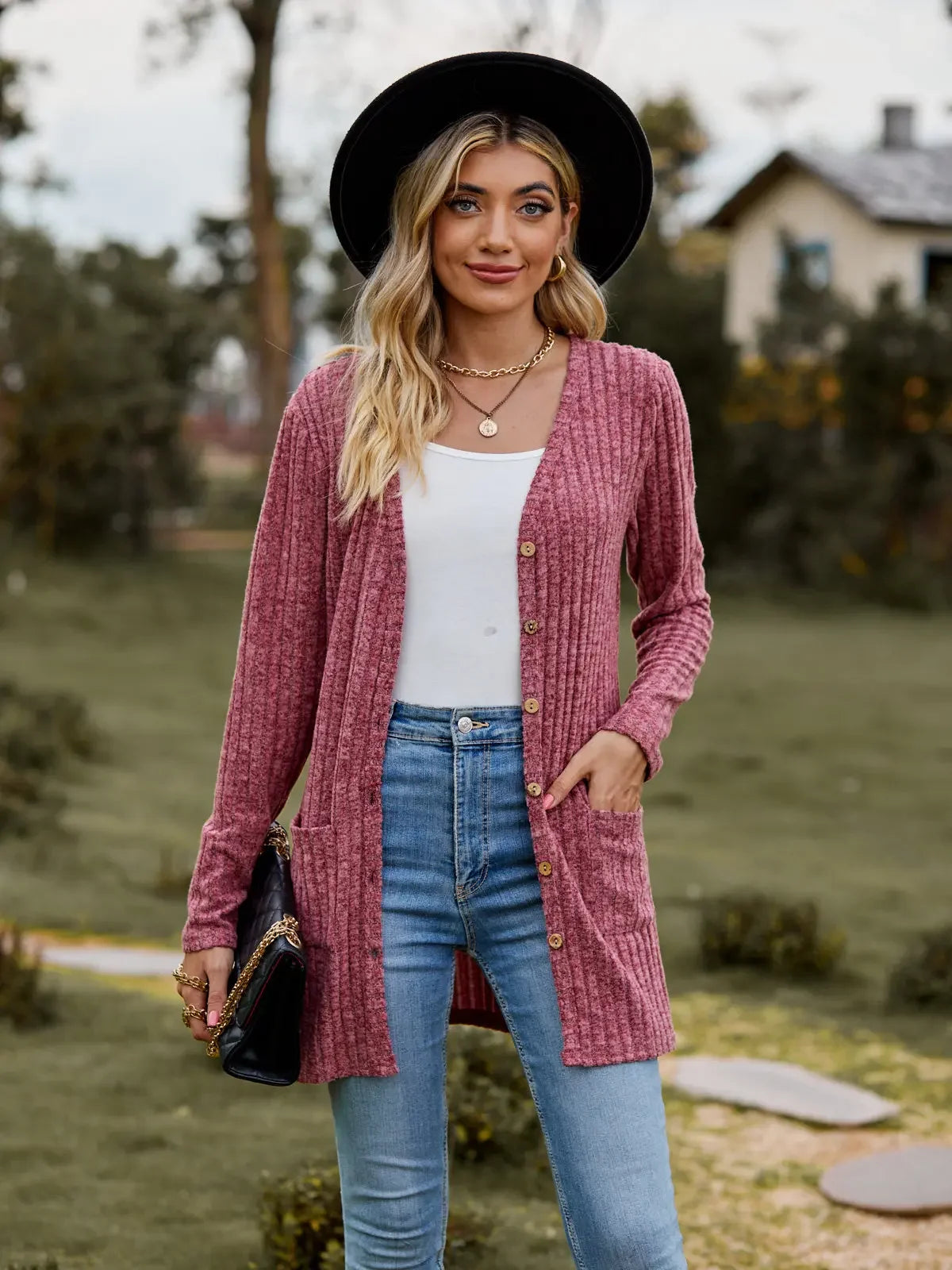 Women's Milled Pit Stripe Button-Front Long Sleeve Cardigan