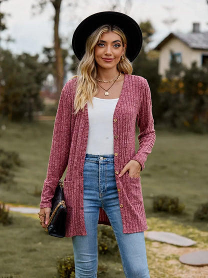 Women's Milled Pit Stripe Button-Front Long Sleeve Cardigan
