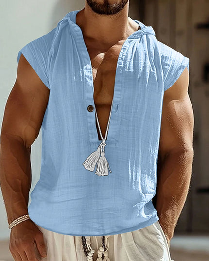 Casual Men's Loose Fit Hooded Linen Vest Shirt - Breathable & Comfortable Top