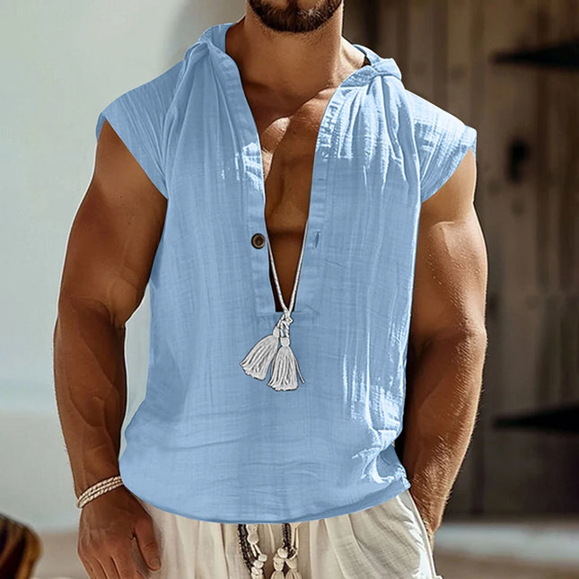 Casual Men's Loose Fit Hooded Linen Vest Shirt - Breathable & Comfortable Top