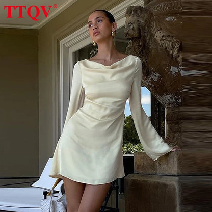 TTQV Women’s Loose Faux Satin Mini Dress - Elegant, Classic, Backless Design