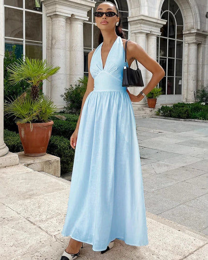 Women's V-Neck Long Cotton Camisole Dress with Waist Cinch
