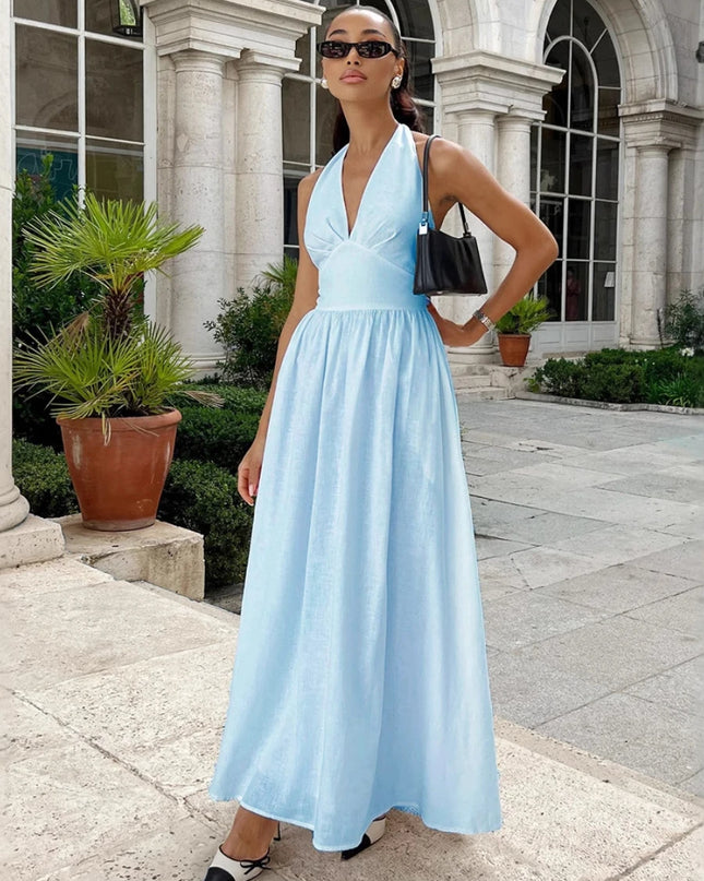 Women's V-Neck Long Cotton Camisole Dress with Waist Cinch