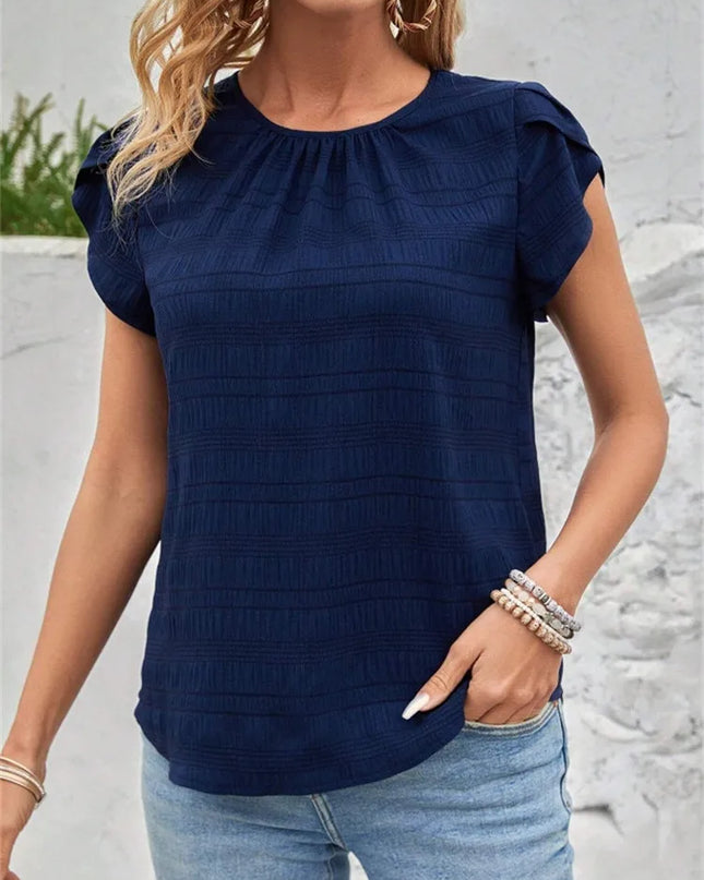 Women's Short Sleeve Loose Fit Round Neck Petal Sleeve Blouse