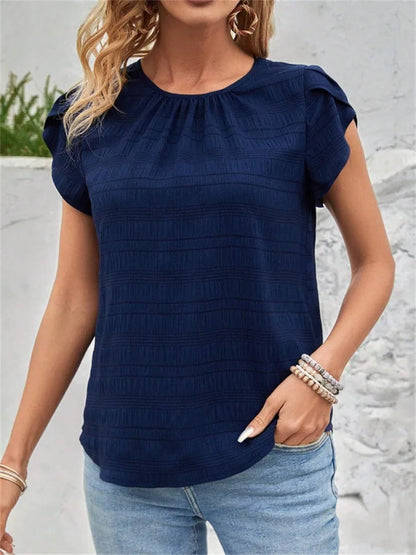 Women's Short Sleeve Loose Fit Round Neck Petal Sleeve Blouse
