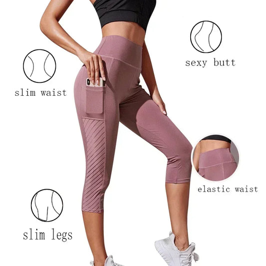 High-Waisted Hip-Lifting Slimming Yoga Crop Pants with Panel Pocket Design