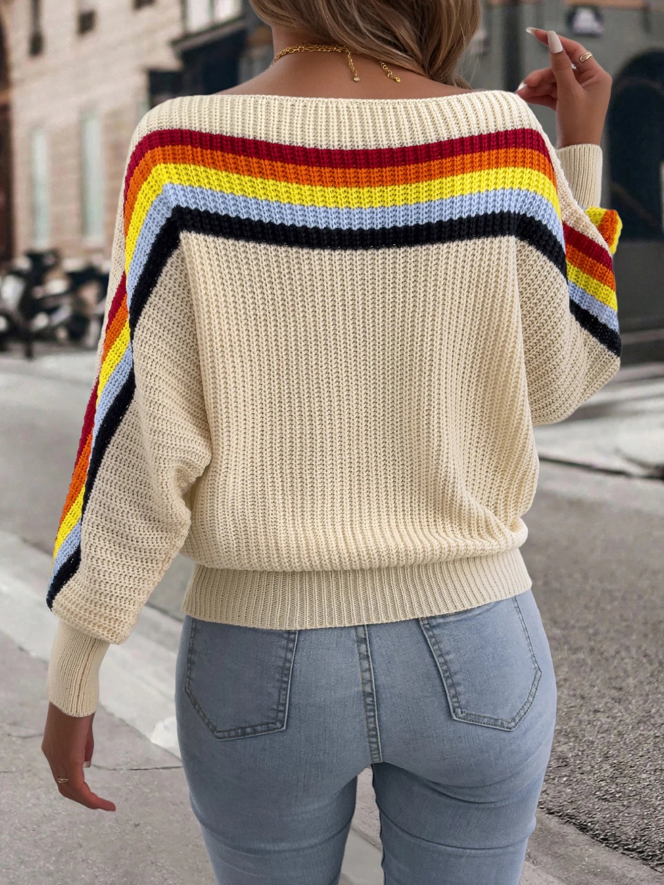 Contrast Color Striped Women's Sweater, Casual Round Neck, Long Sleeve Knitted Top