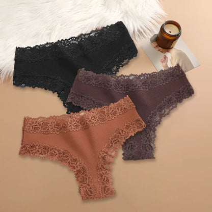 Set of 3 Women's Cotton Lace Panties - Floral Print & Trendy Patchwork Briefs