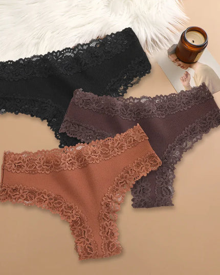 Set of 3 Women's Cotton Lace Panties - Floral Print & Trendy Patchwork Briefs