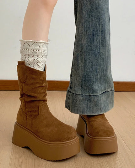 Chunky Platform Ankle Boots for Women - Thick Sole, Round Toe, Slip-On Design