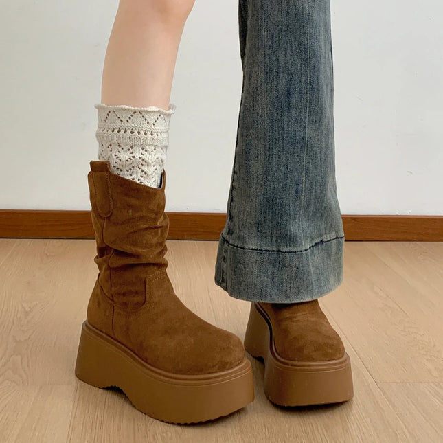 Chunky Platform Ankle Boots for Women - Thick Sole, Round Toe, Slip-On Design