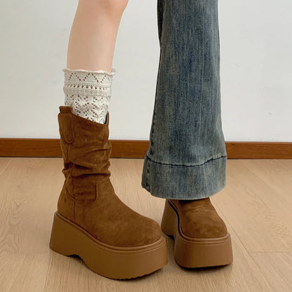 Chunky Platform Ankle Boots for Women - Thick Sole, Round Toe, Slip-On Design