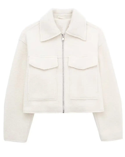 Women's Long Sleeve Woolen Zipper Jacket with Pockets