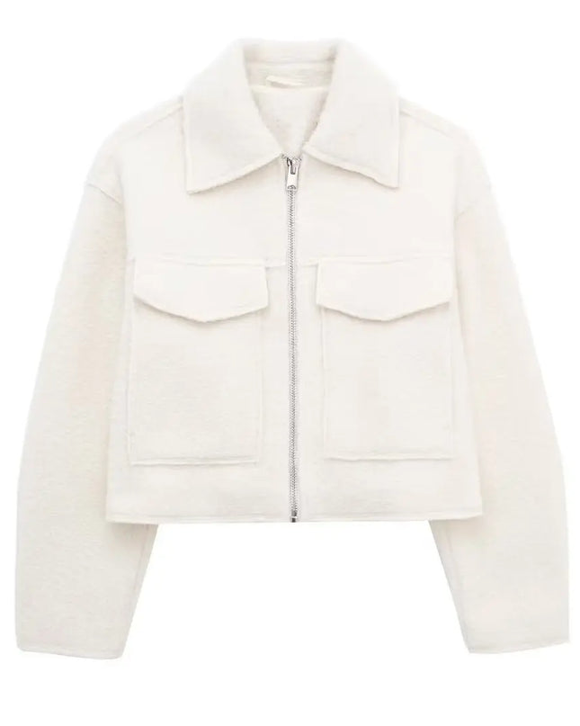 Women's Long Sleeve Woolen Zipper Jacket with Pockets