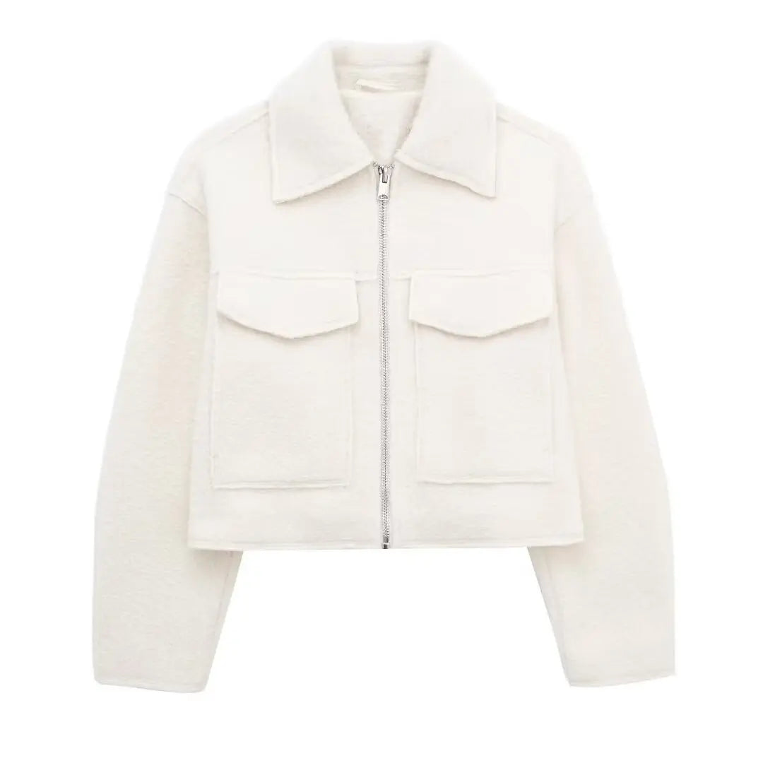 Women's Long Sleeve Woolen Zipper Jacket with Pockets