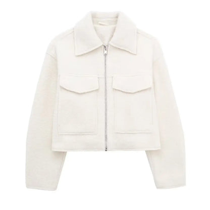 Women's Long Sleeve Woolen Zipper Jacket with Pockets