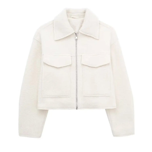 Women's Long Sleeve Woolen Zipper Jacket with Pockets