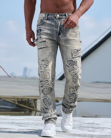 Vintage-Inspired Men's Jeans with Frayed Hem Details