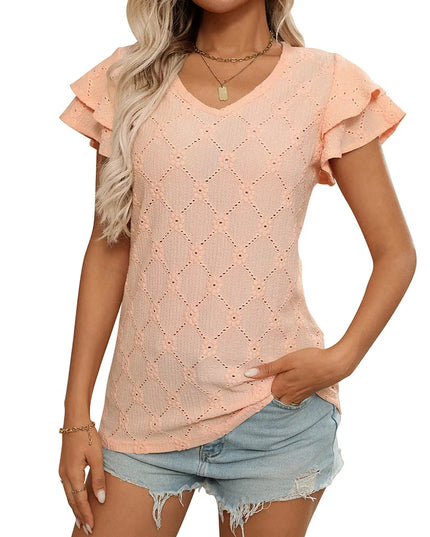 Women’s Elegant V-Neck Blouse with Ruffle Details and Short Sleeves