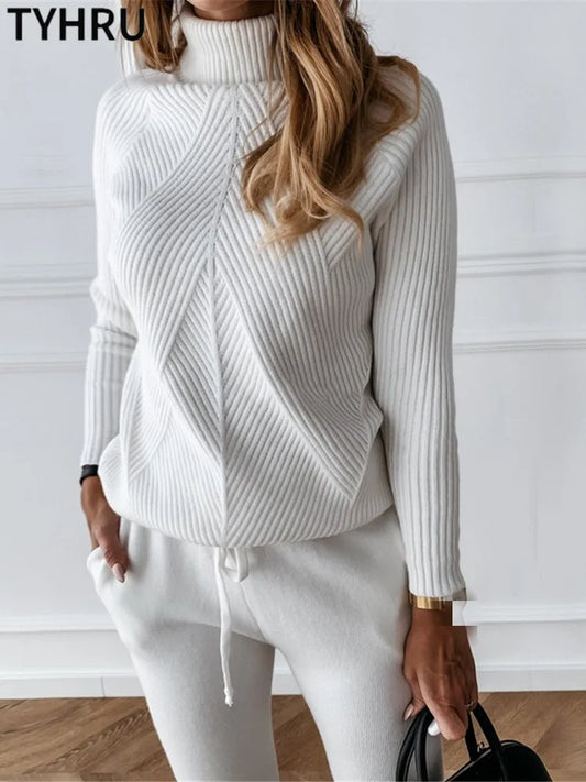 TYHRU Women's Striped Turtleneck Sweater & Drawstring Pants Set 
