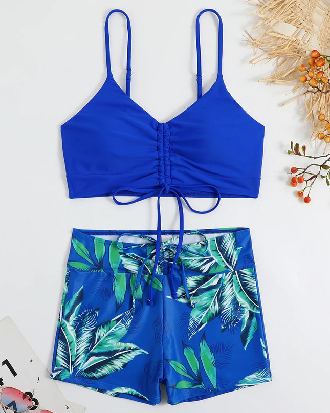 Tropical Print High Waist Drawstring Bikini for Women Tie-Front Swimsuit
