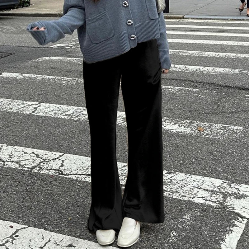 Women's Satin Wide Leg Pants - Casual High Waist Elastic Waistline