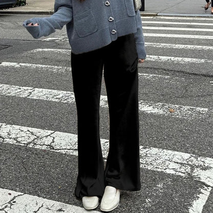 Women's Satin Wide Leg Pants - Casual High Waist Elastic Waistline