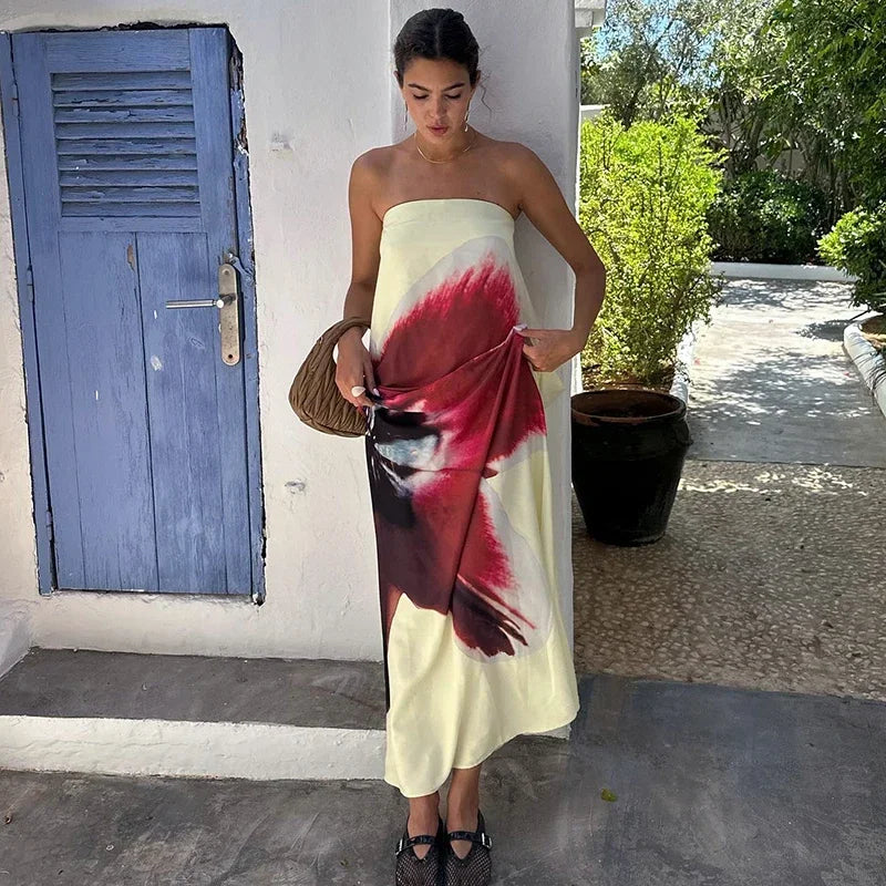 Women's Floral Off-Shoulder Strapless Backless Maxi Dress – Loose Fit
