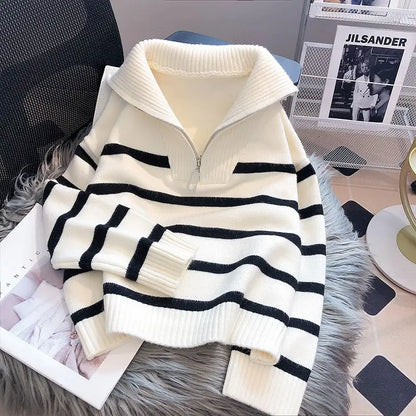 Women's Zippered Stripe Underlay Sweater
