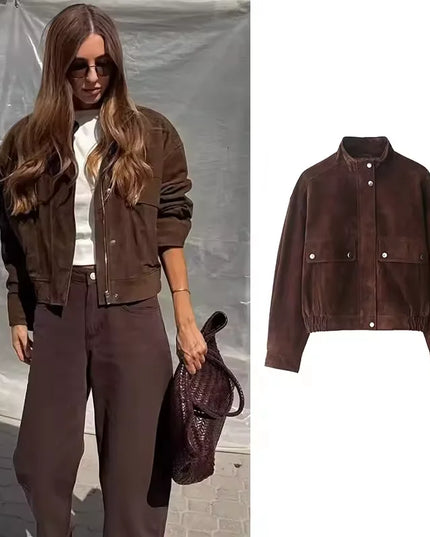 Women's Faux Suede Jacket with Pockets, High Collar, and Button Closure