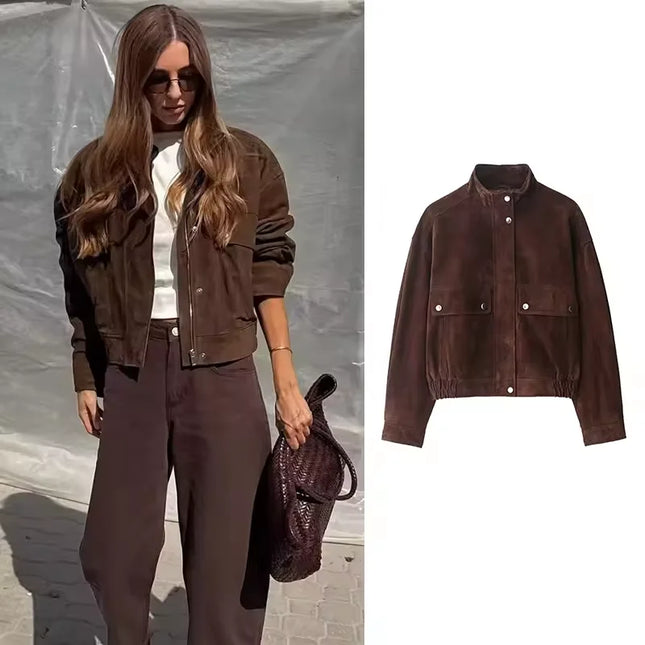 Women's Faux Suede Jacket with Pockets, High Collar, and Button Closure