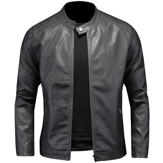Men's Slim Fit Faux Leather Jacket with Standing Collar