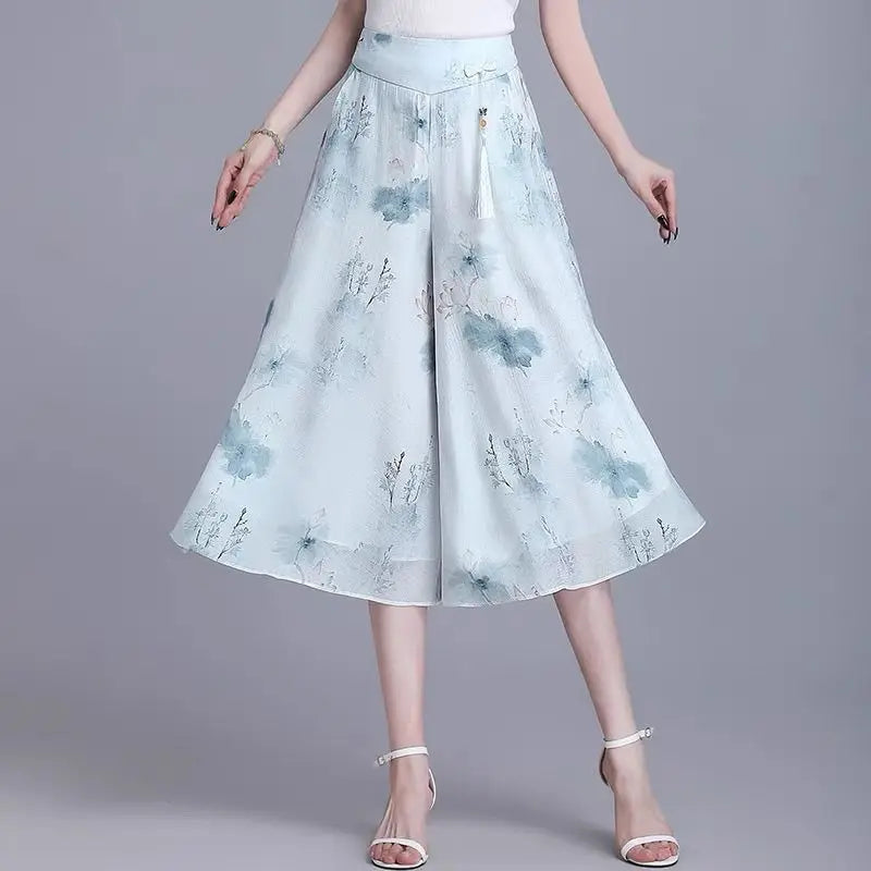 Women's Floral Maxi Skirt - High Elastic Waist, Loose Wide Leg Design