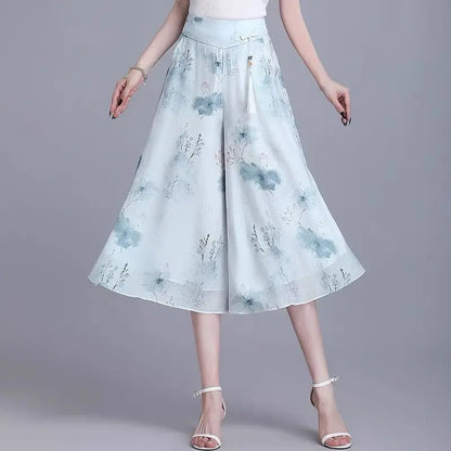 Women's Floral Maxi Skirt - High Elastic Waist, Loose Wide Leg Design