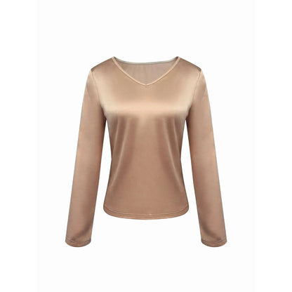 Women's Satin Feel V-Neck Long Sleeve Loose Elegant Blouse