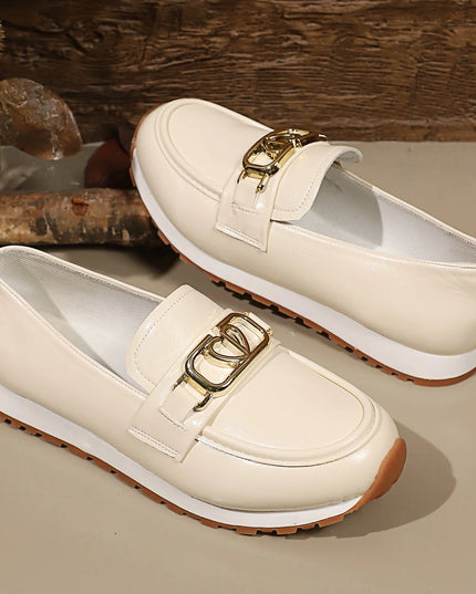 Metal Buckle Faux Leather Women's Flat Heel Shoes