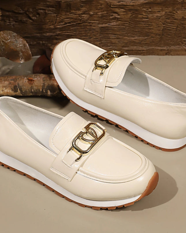 Metal Buckle Faux Leather Women's Flat Heel Shoes