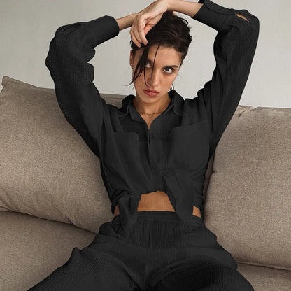 Women's Cotton Two-Piece Long Sleeve Loose Shirt and Pants Set