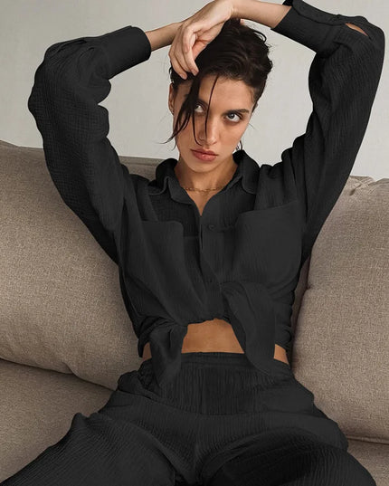 Women's Cotton Two-Piece Long Sleeve Loose Shirt and Pants Set