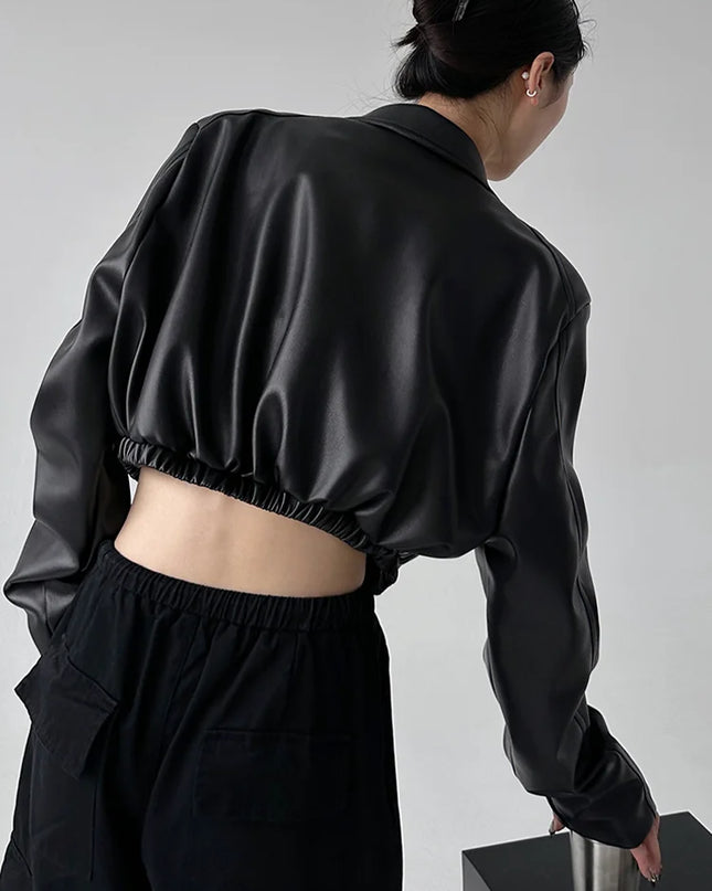 Women's PU Leather Lapel Jacket with Long Sleeves, Crop Style, Zipper Closure