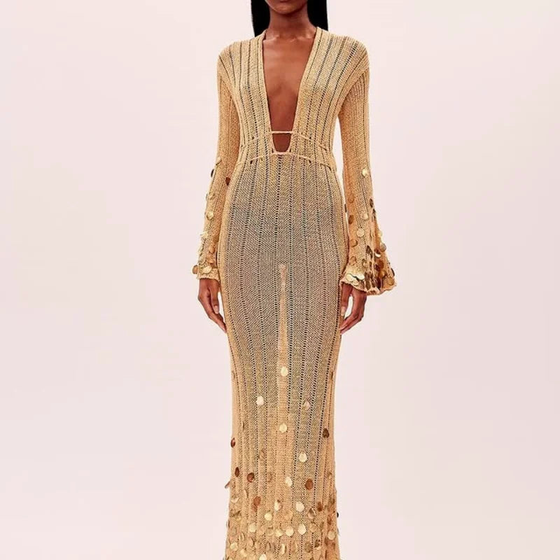 Women's Sequin Knitted Maxi Dress - Deep V Neck Lace-Up High Waist Robe with Sheer Panels 