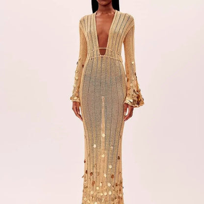 Women's Sequin Knitted Maxi Dress - Deep V Neck Lace-Up High Waist Robe with Sheer Panels 