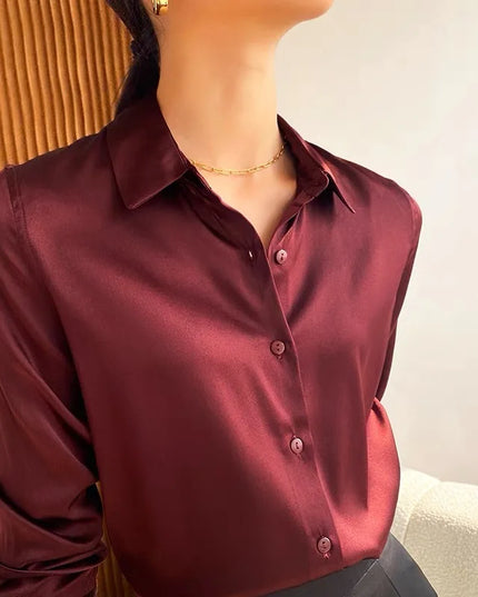 Elegant Satin Women's Blouse with Long Sleeves and Turn-down Collar
